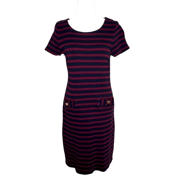 Talbots Dresses & Skirts - TALBOTS Sheath Dress Striped Short Sleeve Pintuck Cotton Navy Blue Maroon Medium